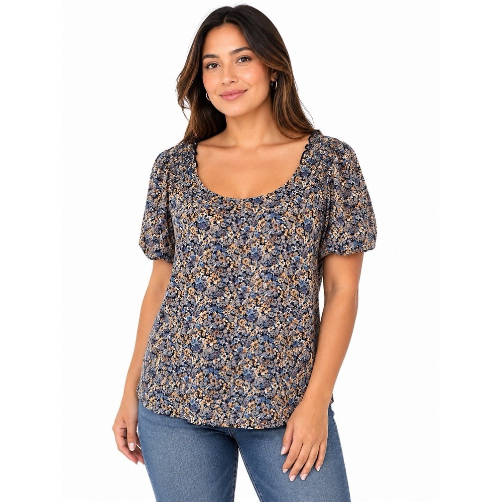 Pleione M Blue‎ Floral Print Scoop Neck Smocked Short Sleeve Blouse